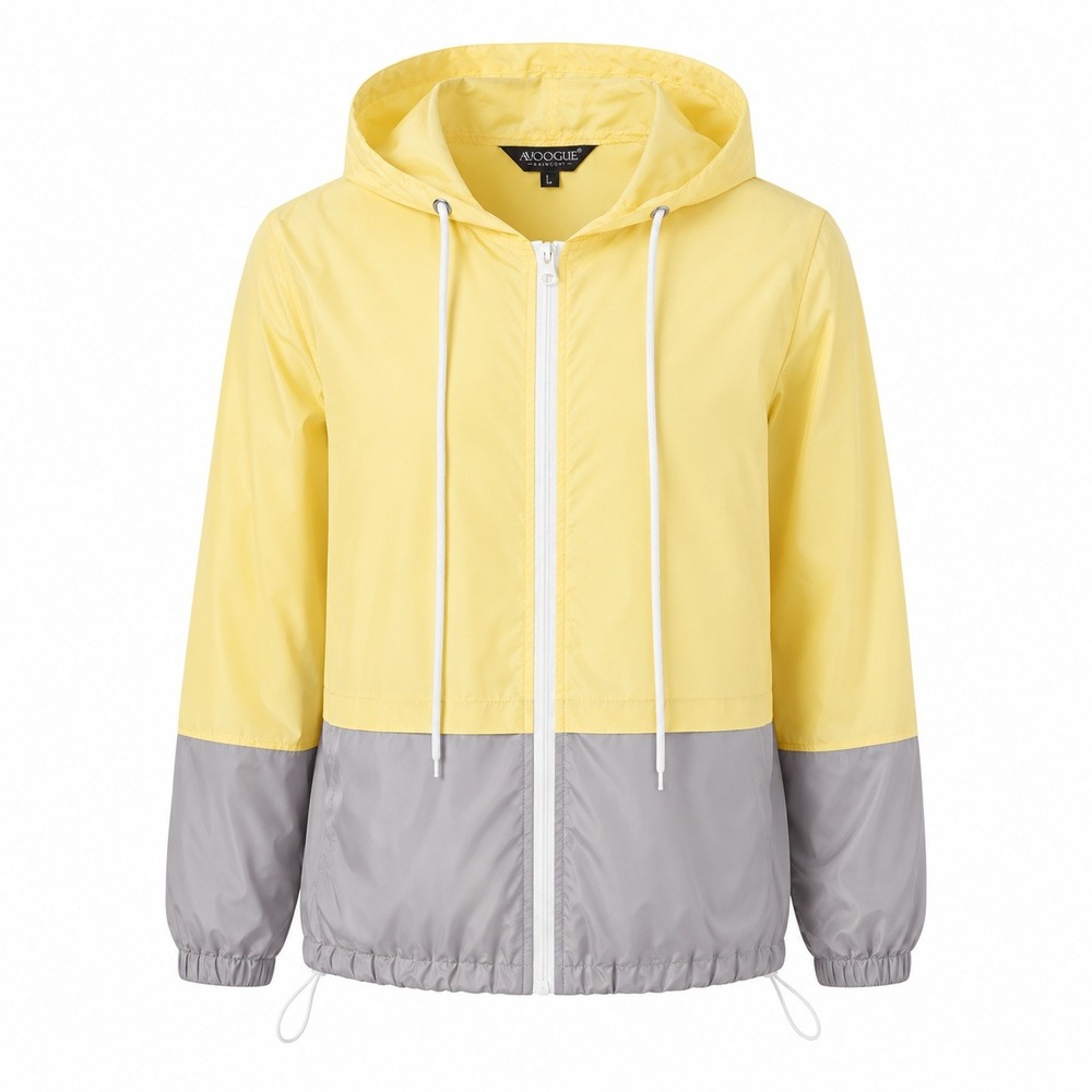 Avoogue Raincoat Windbreaker Womens Large Yellow Grey Colorblock Full Zip Hooded
